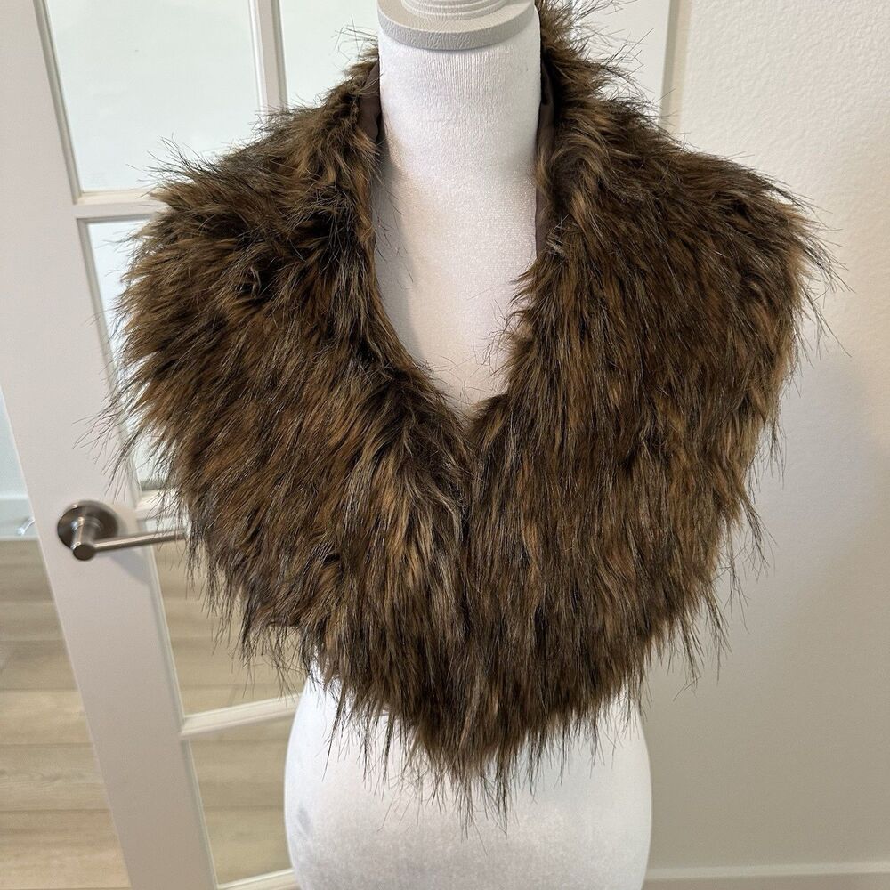 Women Faux Fur Collar Brown Coat Hook & Eye Closure Replacement